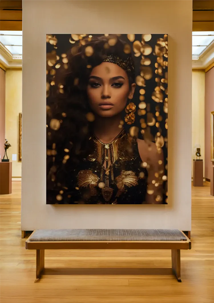Golden Glamour Woman Golden Jewelry Bokeh Portrait Painting