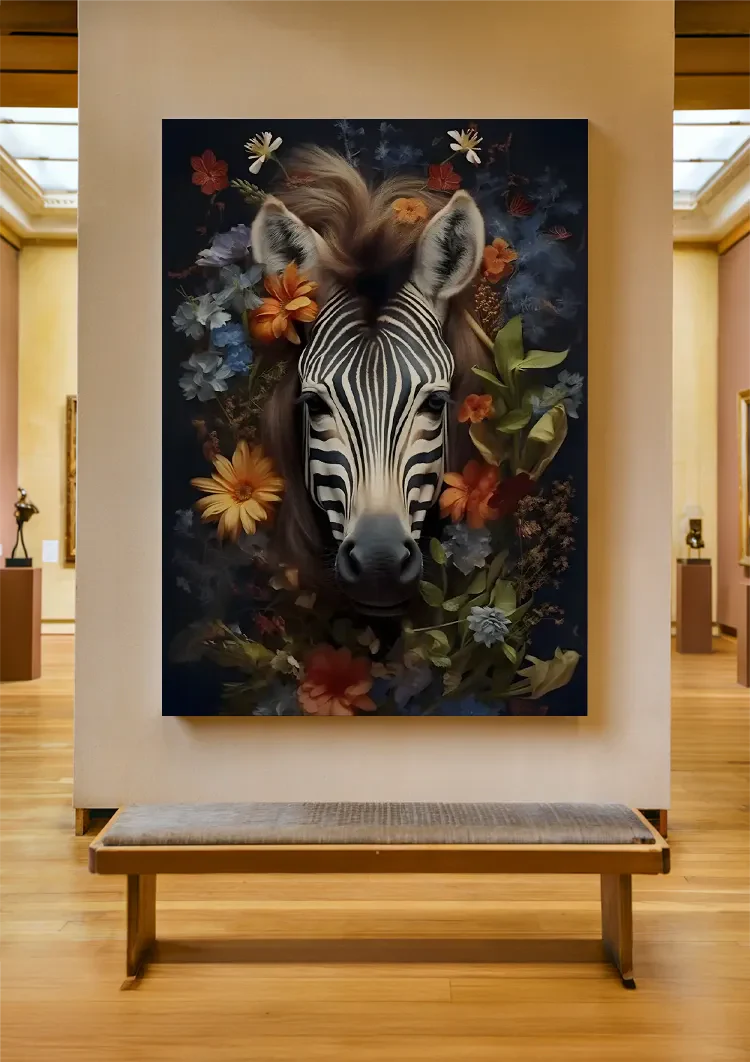 Zebra Porträt Bunte Blumen Dunkler Hintergrund Gemälde