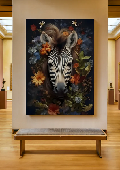 Zebra Porträt Bunte Blumen Dunkler Hintergrund Gemälde