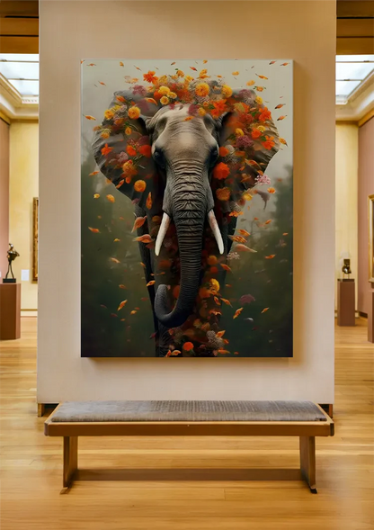 Surreale Olifant Bloemenkrans Oranje Bloemen Magisch Schilderij
