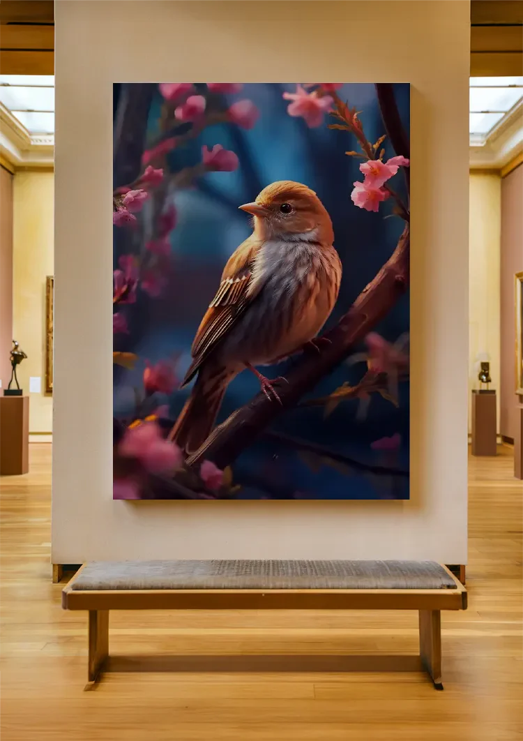 Klein Vogeltje Roze Bloesem Tak Blauw Schilderij