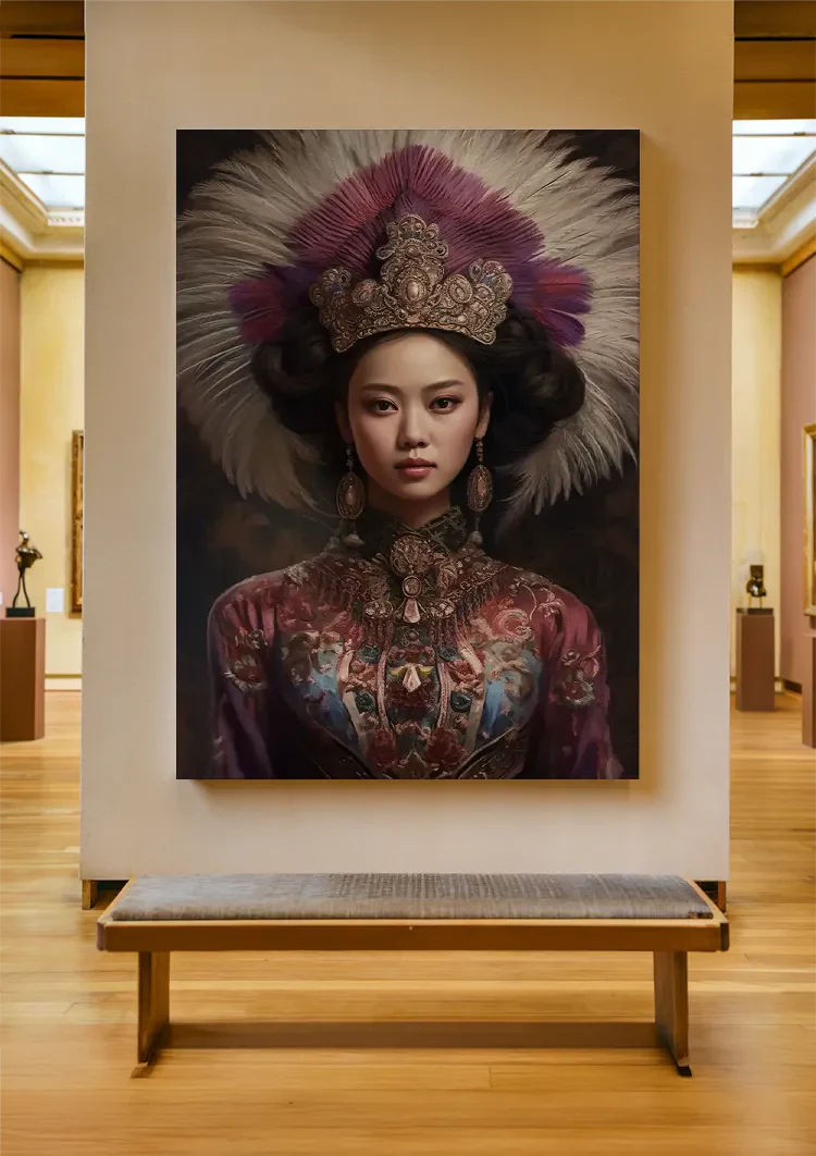 Royal Headdress Feather Jewelry Traditional Costume Portrait Painting