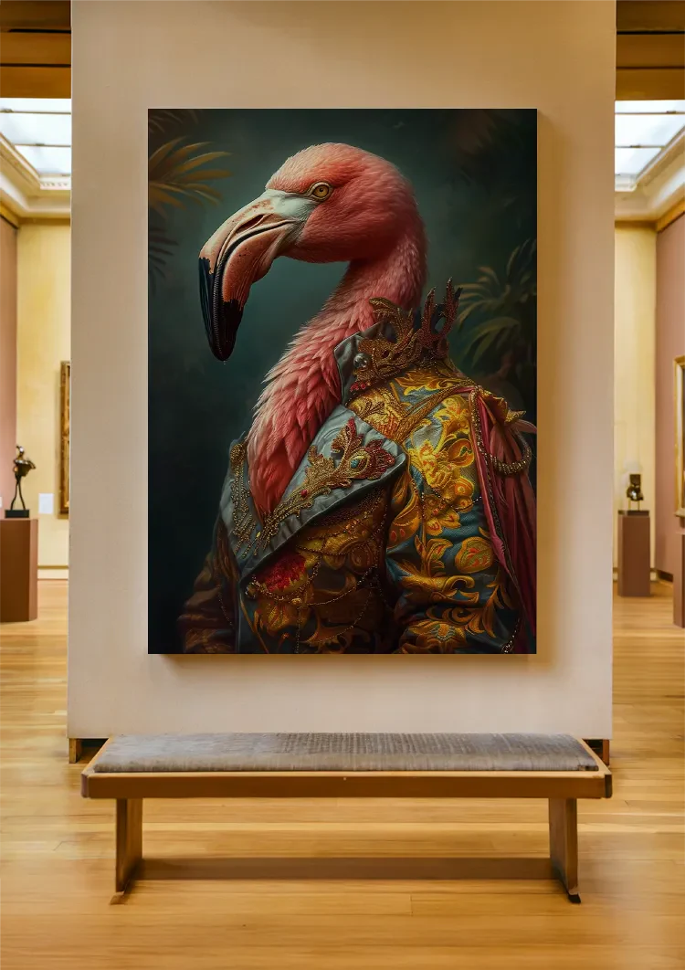 Majestätische Flamingo Goldbestickte Jacke Dunkelgrünes Porträtgemälde
