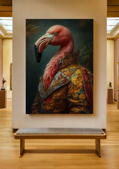 Majestätische Flamingo Goldbestickte Jacke Dunkelgrünes Porträtgemälde