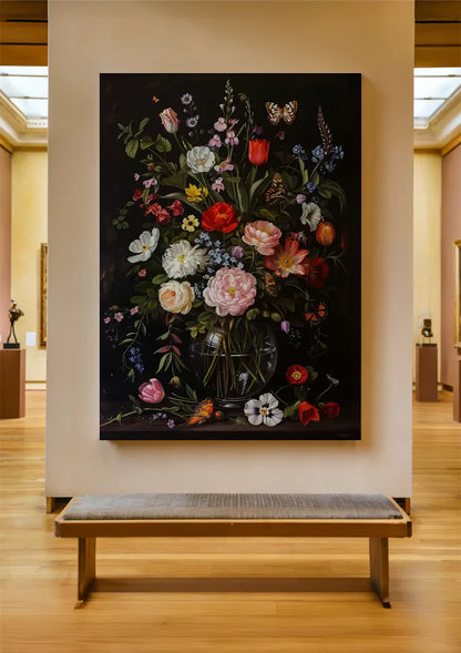 Üppiges Blumenstillleben Glasvase Dunkler Hintergrund Gemälde