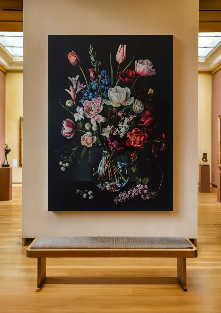 Buntes Blumenstrauß Glasvase Dunkler Hintergrund Gemälde