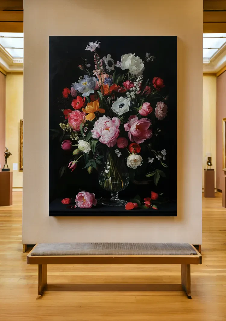 Rosen Pfingstrosen und Anemonen Glasvase Dunkler Hintergrund Gemälde