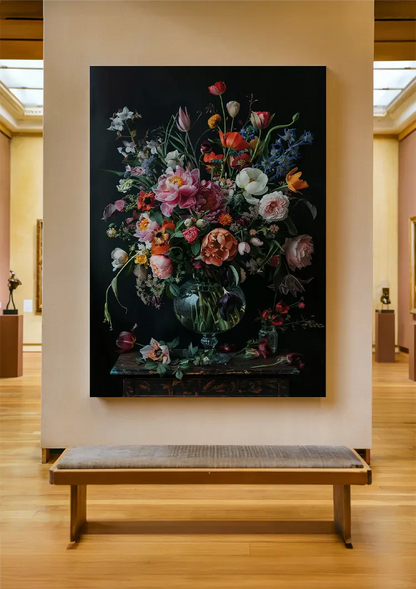 Bunte Blumenexplosion Pfingstrosen Tulpen Glasvase Dunkles Gemälde