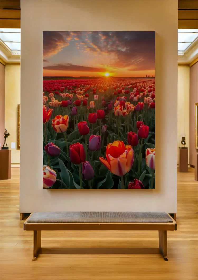 Farbenfrohes Tulpenfeld bei Sonnenuntergang Rote Orange Violette Blumen Gemälde