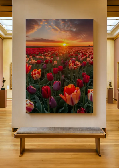 Farbenfrohes Tulpenfeld bei Sonnenuntergang Rote Orange Violette Blumen Gemälde