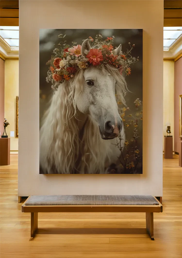 Weißes Pferd mit Blumenkrone Romantisches Porträt Verträumtes Gemälde