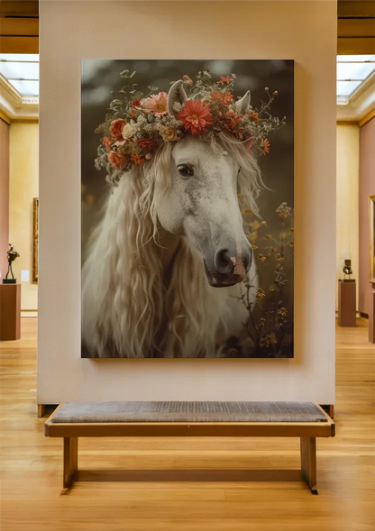 Weißes Pferd mit Blumenkrone Romantisches Porträt Verträumtes Gemälde