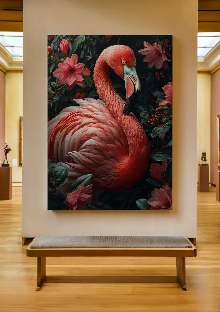 Rosa Flamingo umgeben von tropischen Blumen und Blättern Gemälde