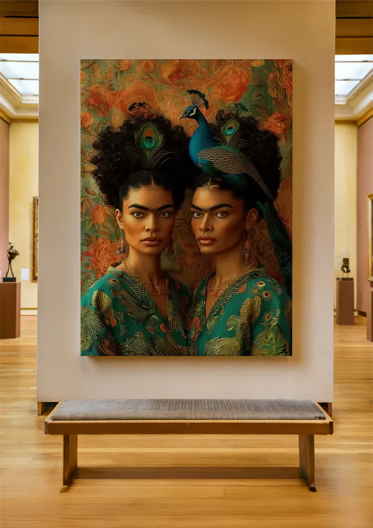 Two Elegant Women with Peacock Exotic Portrait Painting
