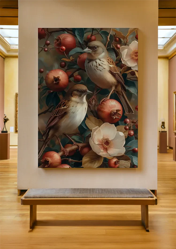 Twee Vogels Met Granaatappels Bloemen Botanisch Schilderij