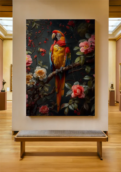 Buntes Papagei Tropische Blumen Dunkler Hintergrund Gemälde