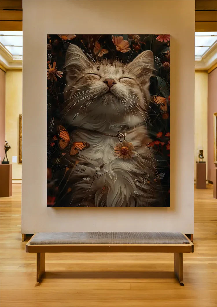 Sleeping Fluffy Cat Surrounded By Flowers Butterflies Painting