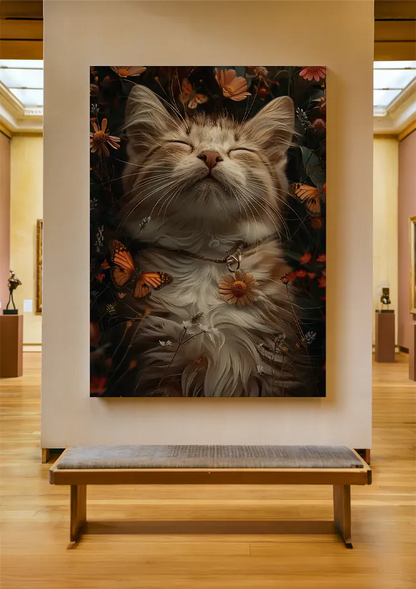 Sleeping Fluffy Cat Surrounded By Flowers Butterflies Painting