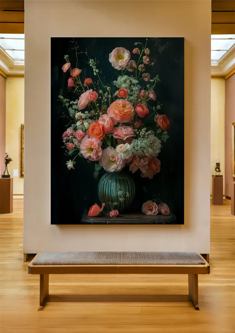 Klassisches Blumenstillleben Rosa Rosen Dunkler Hintergrund Gemälde