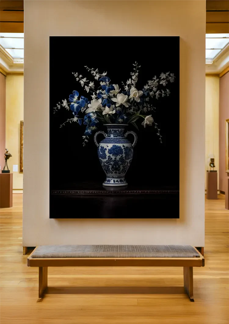 Delfts Blauwe Vaas Met Witte Bloemen Donker Stilleven Schilderij