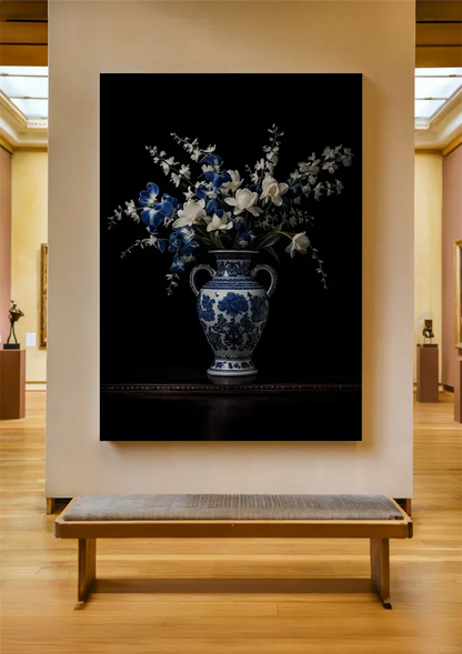 Delfts Blauwe Vaas Met Witte Bloemen Donker Stilleven Schilderij