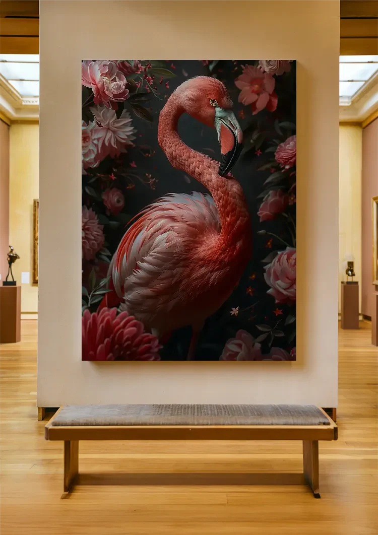 Elegant Flamingo Among Pink Flowers Dark Portrait Painting