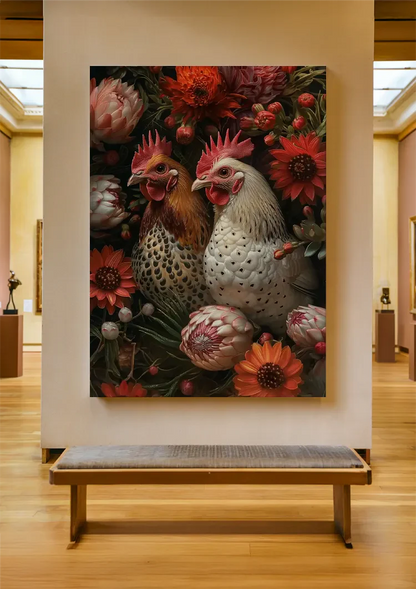 Twee Kippen Tussen Rode Bloemen Botanisch Portret Schilderij