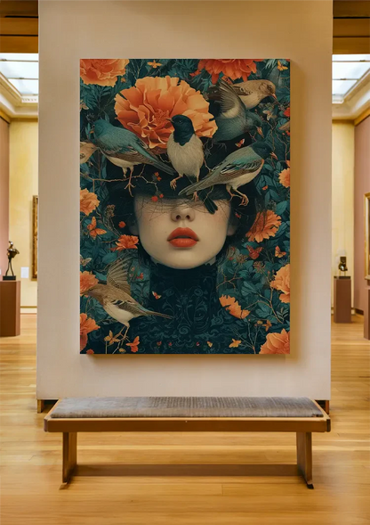 Vrouwenportret Met Oranje Bloemen En Vogels Surrealistisch Schilderij