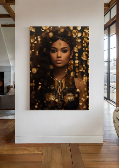 Golden Glamour Woman Golden Jewelry Bokeh Portrait Painting
