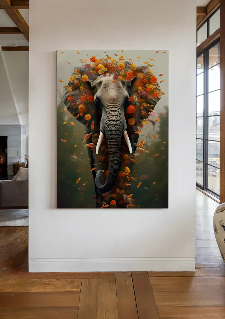 Surreale Olifant Bloemenkrans Oranje Bloemen Magisch Schilderij