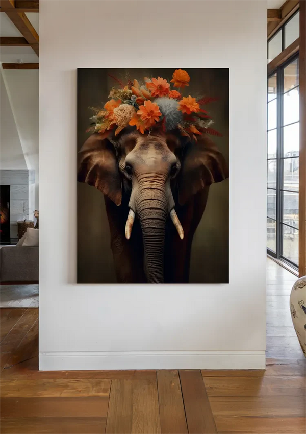 Olifant Bloemenkroon Oranje Beige Donkere Achtergrond Schilderij