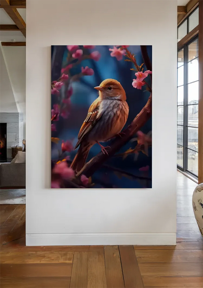 Klein Vogeltje Roze Bloesem Tak Blauw Schilderij