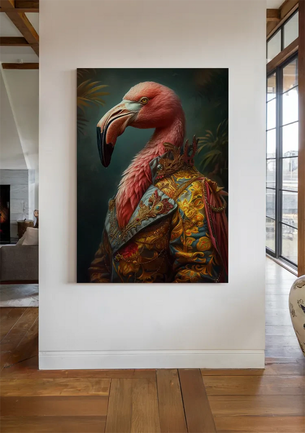Majestätische Flamingo Goldbestickte Jacke Dunkelgrünes Porträtgemälde