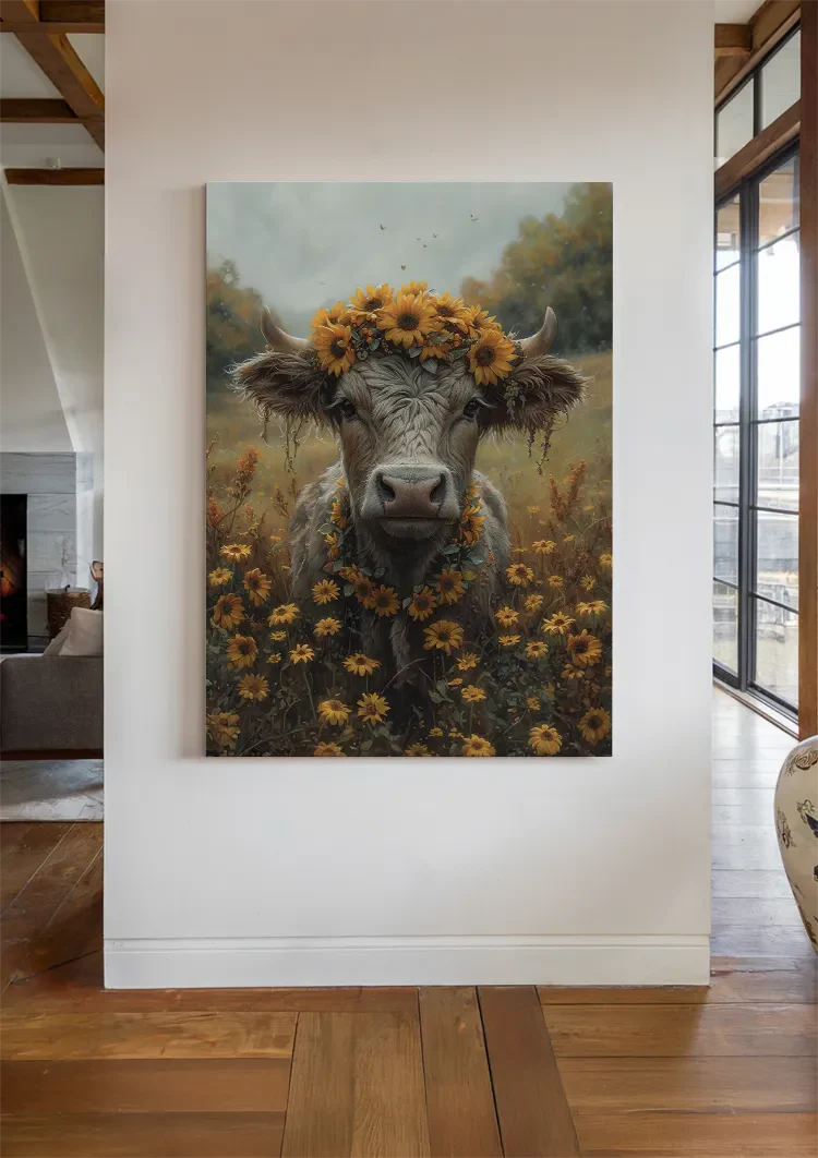 Koe Met Zonnebloemen Krans Gouden Veld Dromerig Schilderij