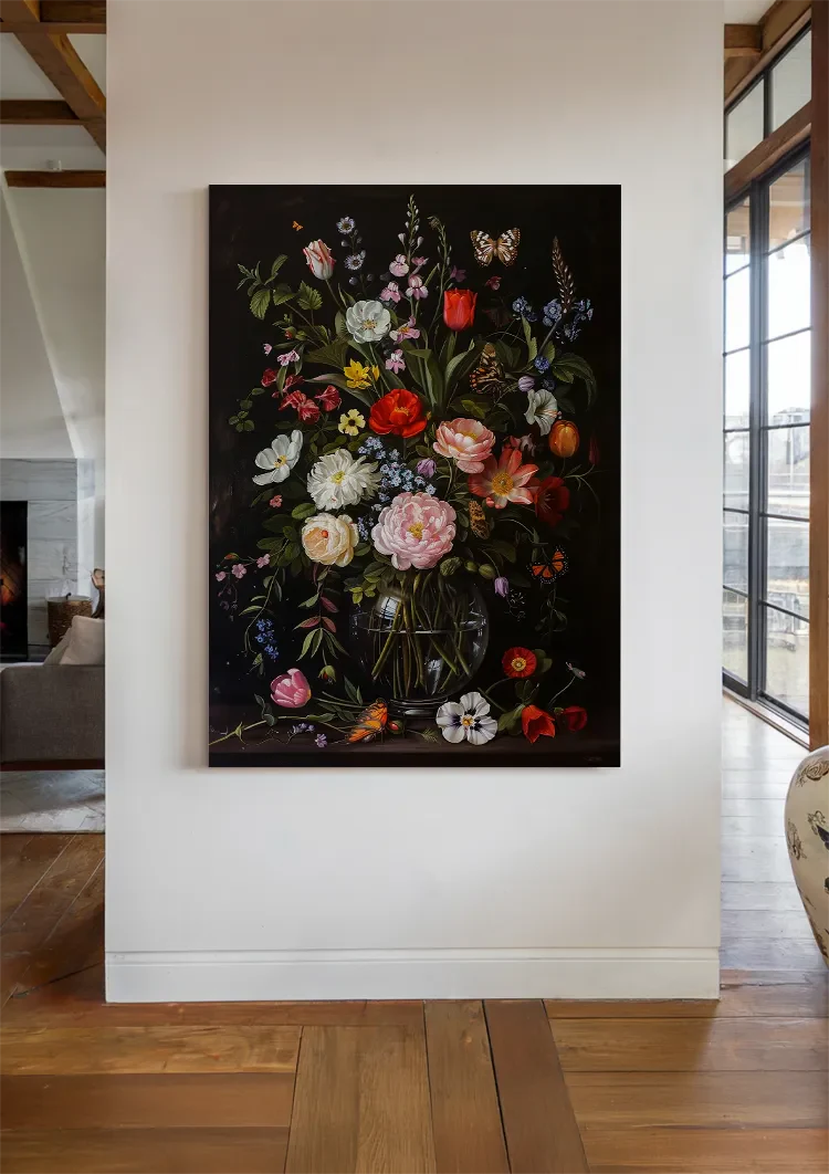Üppiges Blumenstillleben Glasvase Dunkler Hintergrund Gemälde