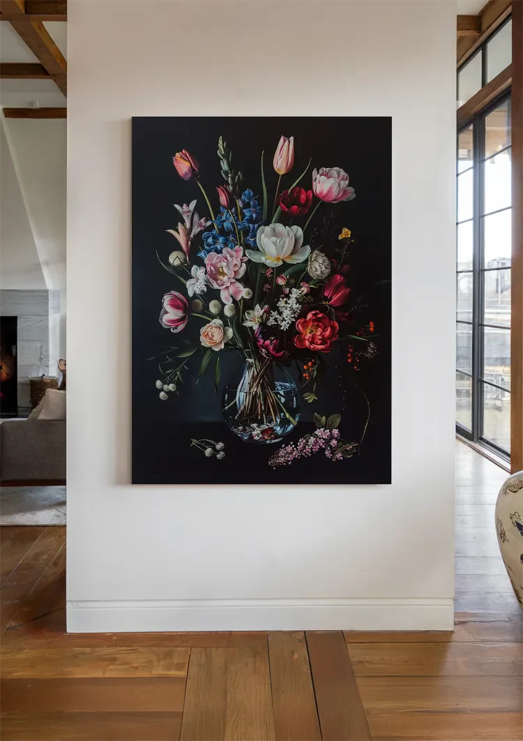 Buntes Blumenstrauß Glasvase Dunkler Hintergrund Gemälde