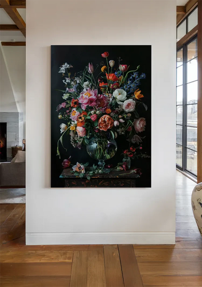 Bunte Blumenexplosion Pfingstrosen Tulpen Glasvase Dunkles Gemälde