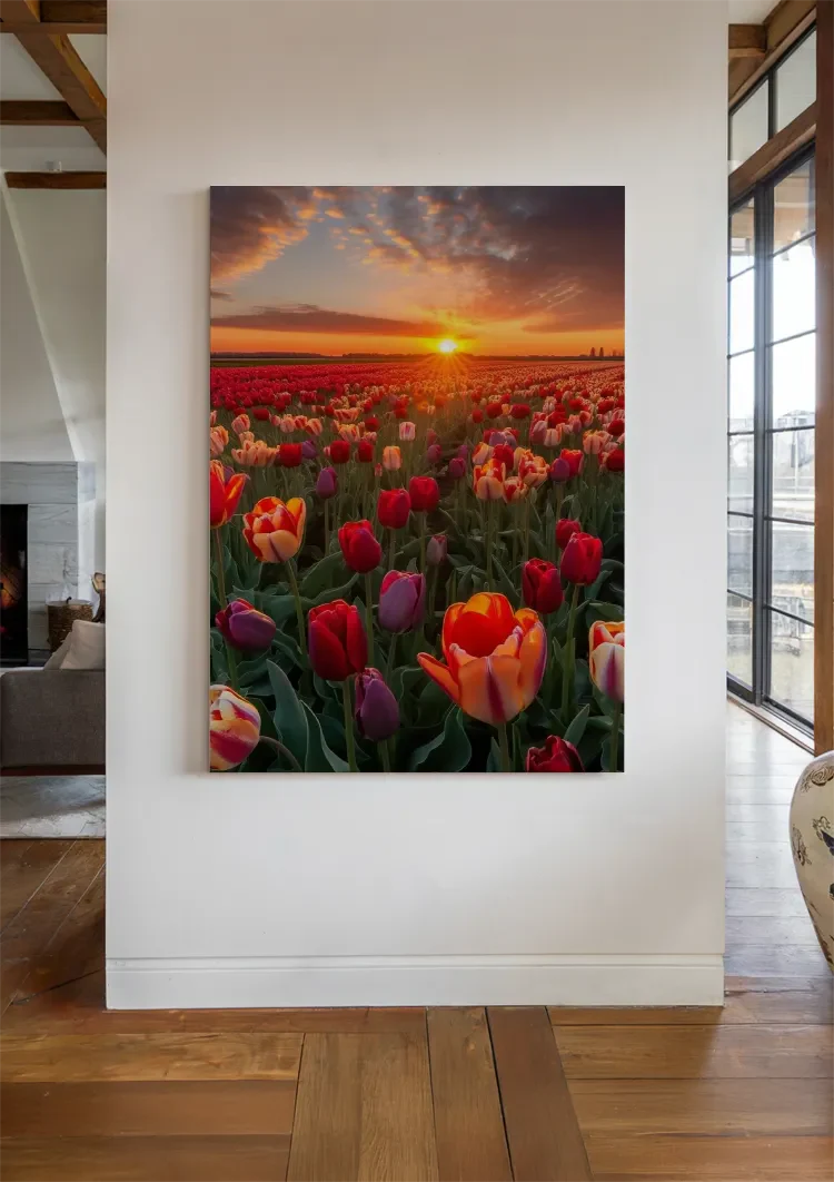 Farbenfrohes Tulpenfeld bei Sonnenuntergang Rote Orange Violette Blumen Gemälde
