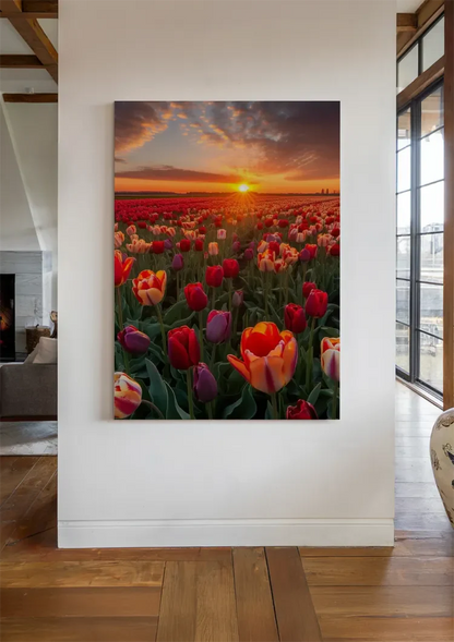 Farbenfrohes Tulpenfeld bei Sonnenuntergang Rote Orange Violette Blumen Gemälde