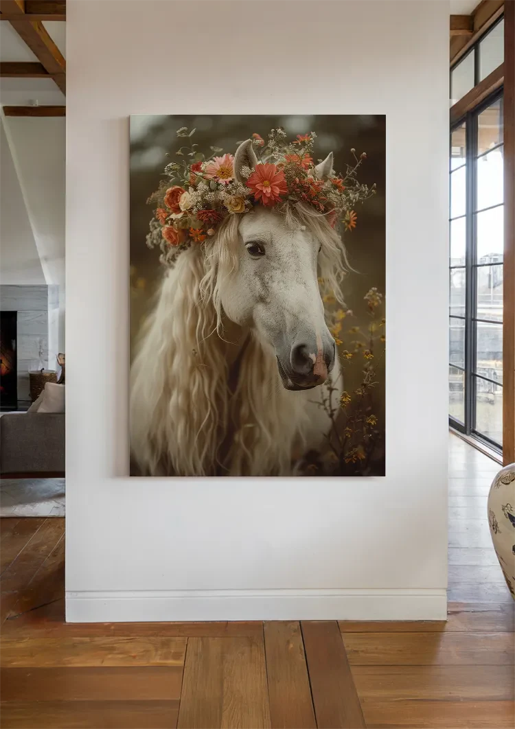 Weißes Pferd mit Blumenkrone Romantisches Porträt Verträumtes Gemälde