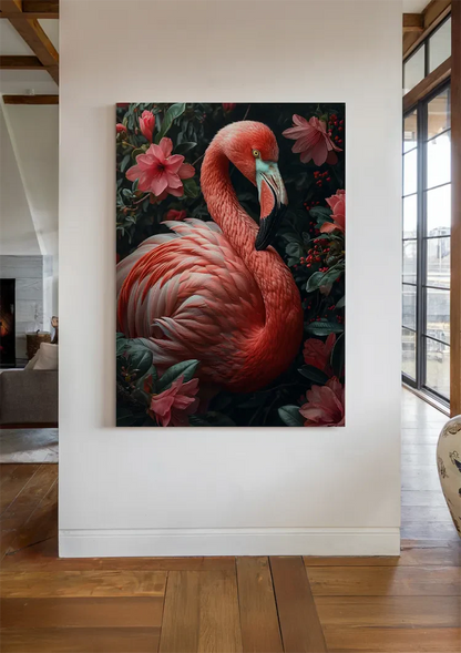 Rosa Flamingo umgeben von tropischen Blumen und Blättern Gemälde