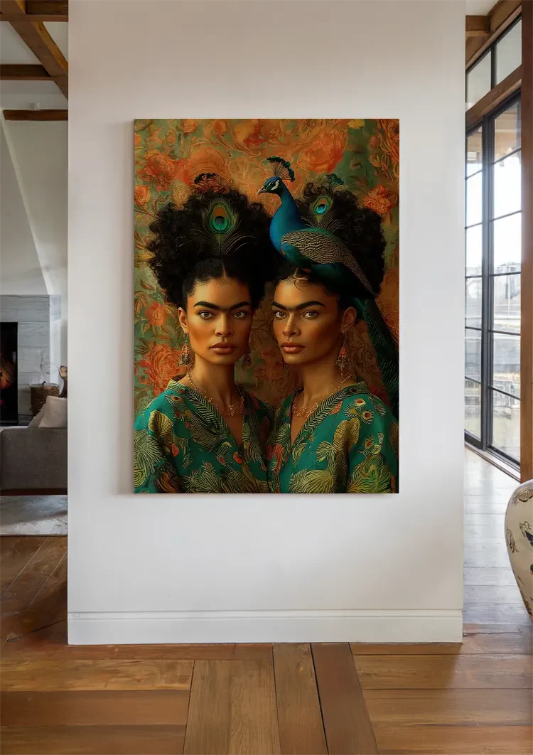 Two Elegant Women with Peacock Exotic Portrait Painting