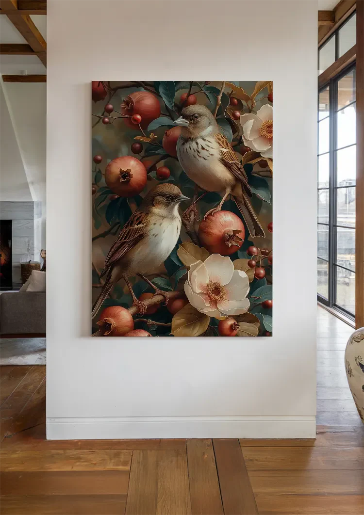 Twee Vogels Met Granaatappels Bloemen Botanisch Schilderij