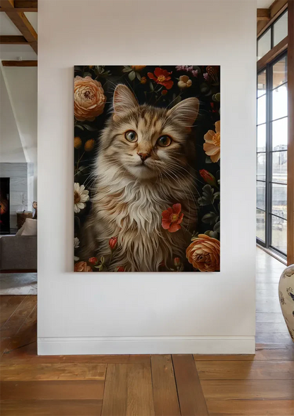 Flauschige Katze zwischen farbenfrohen Rosen Blumenreiches Porträt Gemälde
