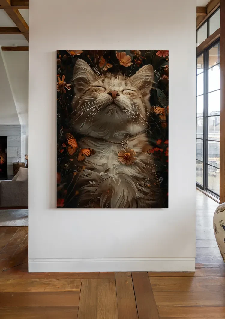 Sleeping Fluffy Cat Surrounded By Flowers Butterflies Painting