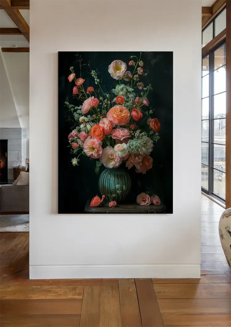 Klassisches Blumenstillleben Rosa Rosen Dunkler Hintergrund Gemälde
