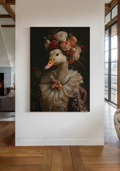 Elegante Gans In Barok Kostuum Bloemen Krans Kanten Kraag Portret Schilderij
