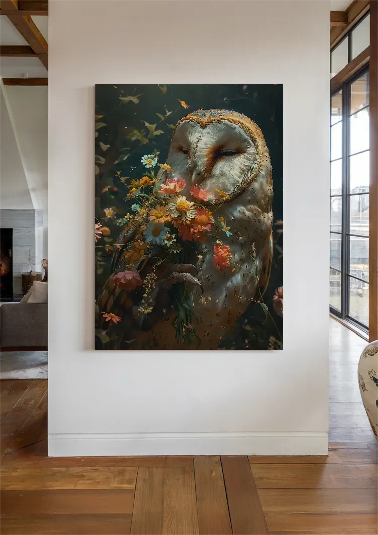 Kerkuil Met Kleurrijke Bloemen Boeket Botanische Sfeer Schilderij
