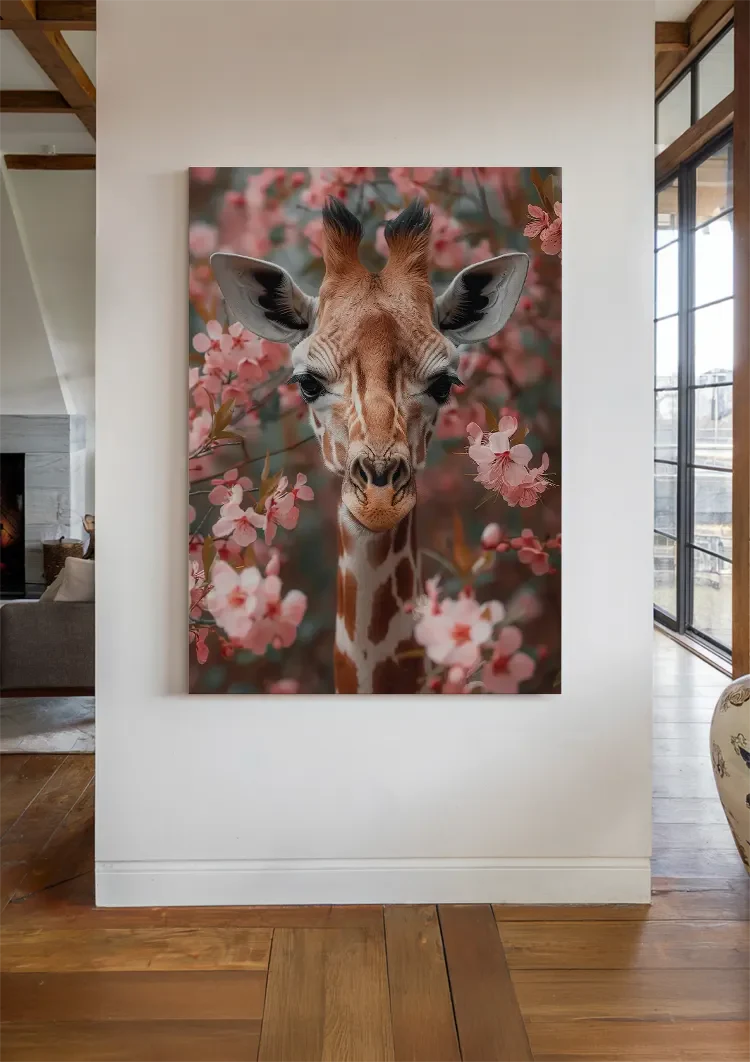 Giraffe Between Pink Cherry Blossoms Portrait Painting