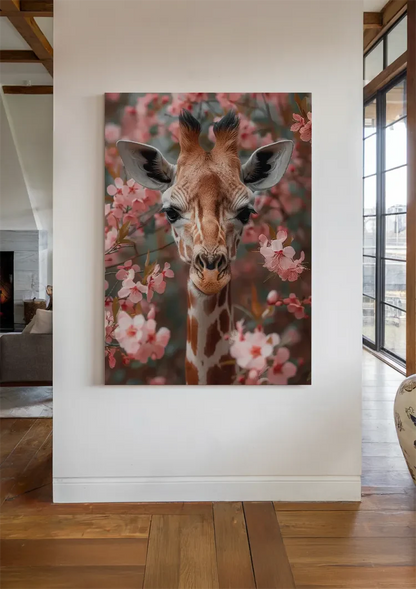 Giraffe Between Pink Cherry Blossoms Portrait Painting